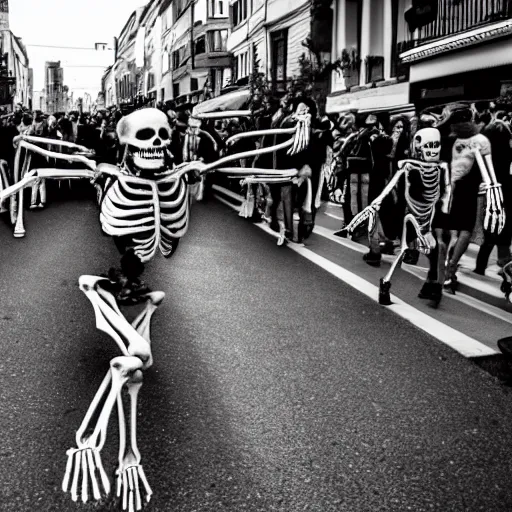 Image similar to A skeleton chasing a crowd of screaming people through the street