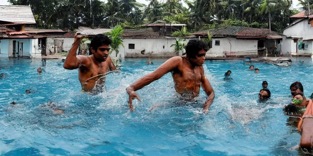 Image similar to sri lankan submerged in a pool, film still, thriller movie style