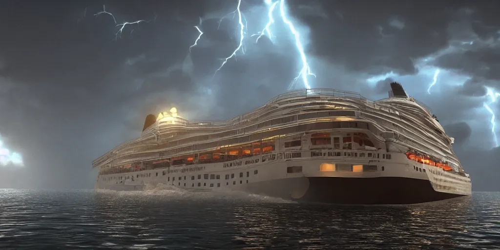 Prompt: cruise ship sinking during a thunderstorm unreal engine An epic fantastic realism dinamic lighting