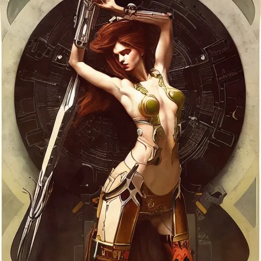 Image similar to splendid tall slavian queen warrior cyborg, mucha, ingres, greg rutkowski