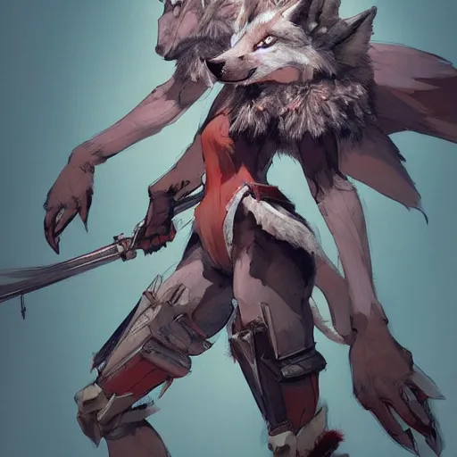 Image similar to concept art of anthropomorphized wolf, highly detailed painting by dustin nguyen, akihiko yoshida, greg tocchini, 4 k, trending on artstation, 8 k