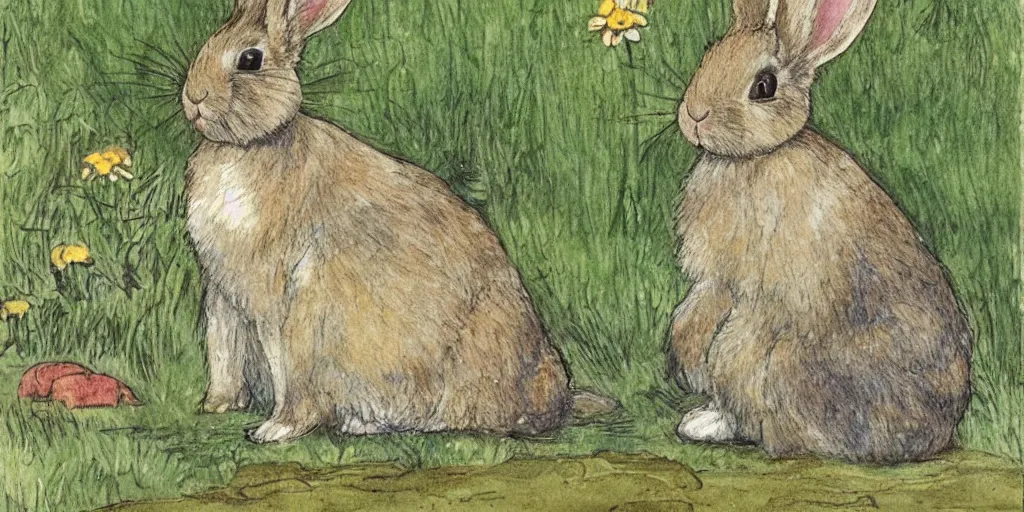 Image similar to a rabbit sitting by a pond, in the style of carl larsson