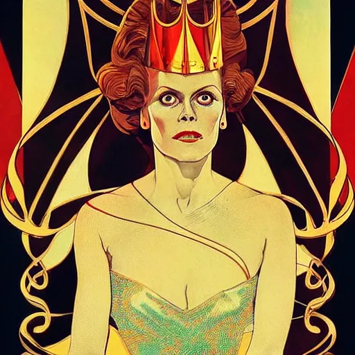 Image similar to portrait by joshua middleton of the young actress, sigourney weaver as ming the merciless, vamp, elegant, decadent, stylised comic art, klimt, mucha, 1 9 7 0 s poster,