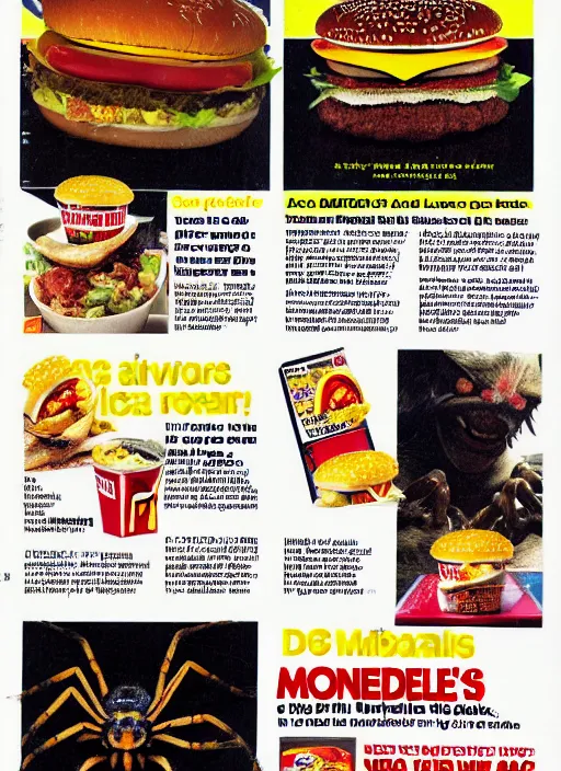 Prompt: a 1 9 9 9 magazine page with ads for mcdonalds and spiders, a full page magazine scan, hd