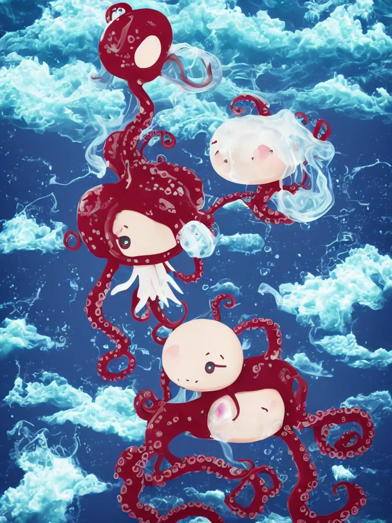 Image similar to cute fumo plush chibi gothic octopus prince boy washing his hair in the waves of the wavering dark galactic abyss, long black and red ruffled intricate uniform with ribbons, ocean wave thunderstorm and reflective splashing water, wisps of smoke and haze and volumetric fog, ocean simulation, vignette, vray