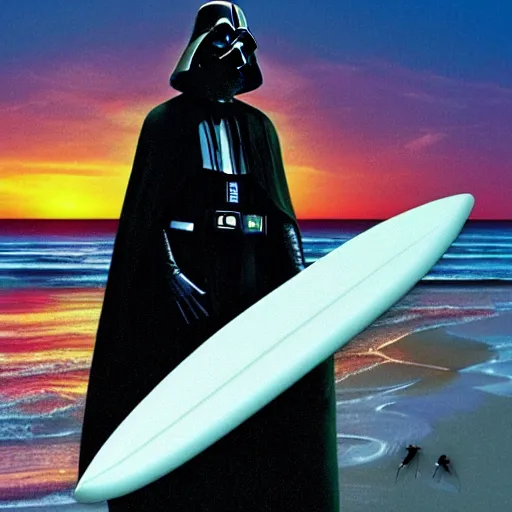 Image similar to darth plagueis the wise on a surfboard at sunset, vaporwave aesthetic, highly detailed