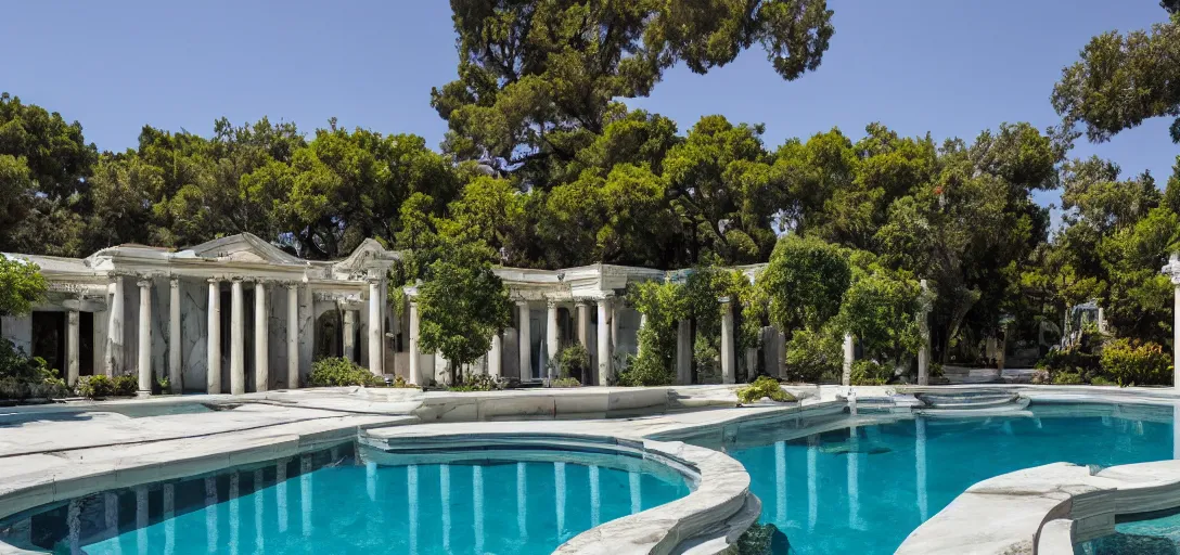 Prompt: greek - inspired, classical architecture - inspired midcentury house with marble columns. statue of venus in backyard overlooking decorative neptune pool with dark blue tiles under water on pool floor. built in 1 9 5 9 in hollywood hills.