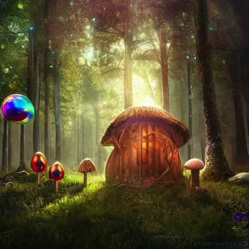 Prompt: A hyper real comic book style portrait painting of an enchanted forest with toadstools and forest hut. Soap bubbles and rainbow in the air, sun beams flowing through the trees. Unreal 5, Hyperrrealistic, Octane render, Cospay, RPG portrait, dynamic lightning.