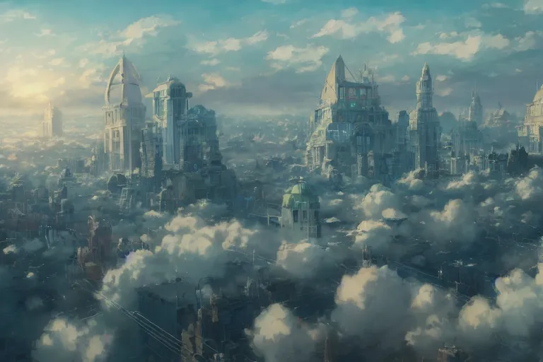 Prompt: ultra realistic city floating on clouds, colors, 8 k, hd, details, fantasy, epic, ancient city, landscape illustration concept art anime key visual trending pixiv fanbox by wlop and greg rutkowski and makoto shinkai and studio ghibli and kyoto animation symmetrical facial features