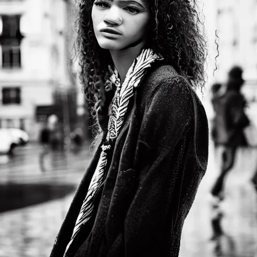 Image similar to black and white fashion photograph, highly detailed portrait of a depressed Zendaya as a drug dealer on a busy Paris street, detailed face looking into camera, eye contact, natural light, rain, mist, lomo, fashion photography, film grain, soft vignette, sigma 85mm f/1.4 1/10 sec shutter, Daren Aronofsky film still promotional image, IMAX 70mm footage