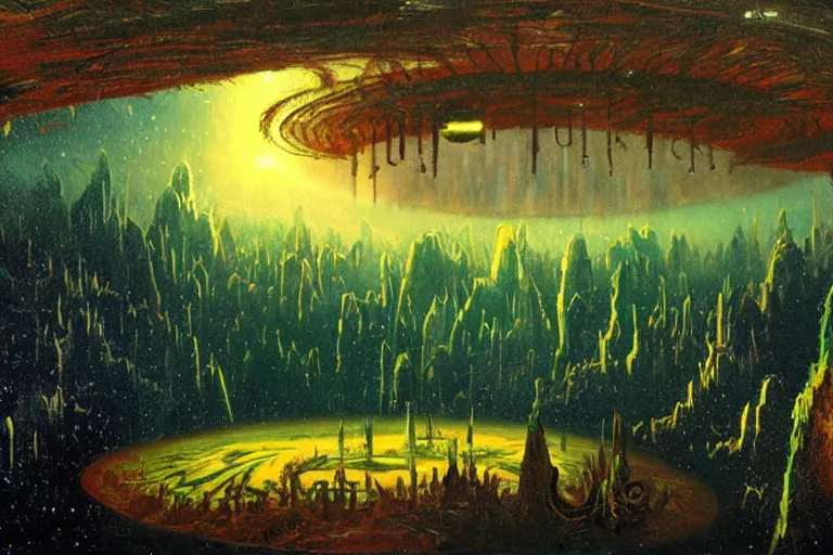 Image similar to miskatonic university big bang landscape in the style of dr. seuss,'2 0 0 1 a space odyssey ', painting by albert bierstadt