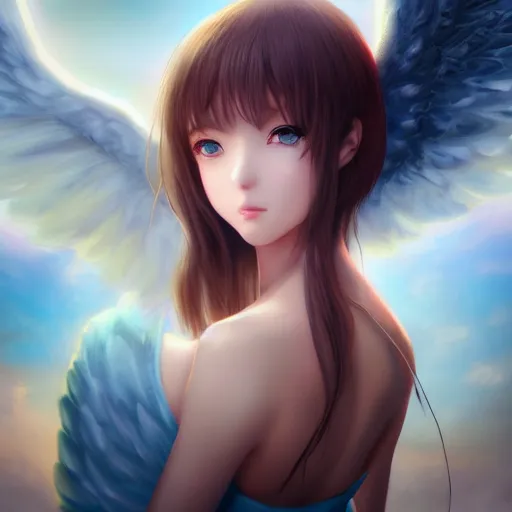 Image similar to an oil painting of a beautiful anime girl with angel wings, by artgerm, hd, hdr, ue 5, ue 6, unreal engine 5, cinematic 4 k wallpaper, 8 k, ultra detailed, high resolution, artstation, award winning