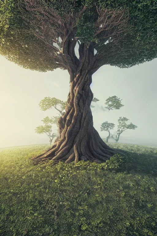 Image similar to soul tree of the earth, perfect symmetry, left side chaos, right side serenity, circular base surrounding grand tree, cinematic, intricate detail, small details, extra detail, high resolution, 3 d, volumetric lighting, octane render, 8 k, ultradetailed, photorealistic