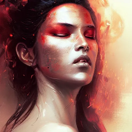 Image similar to a beautiful portrait of a fire goddess with closed eyes by greg rutkowski and raymond swanland, trending on artstation, flaming background, ultra realistic digital art