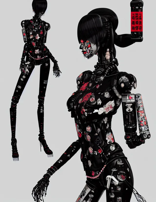 Image similar to full body portrait of a gothic style punk geisha robot with kanji tattoos and decals wearing a digital pixelated kimono, intricate design, photo - realistic, octane render, dark colour palette, ultra fine detailed, character design, trending on artstation