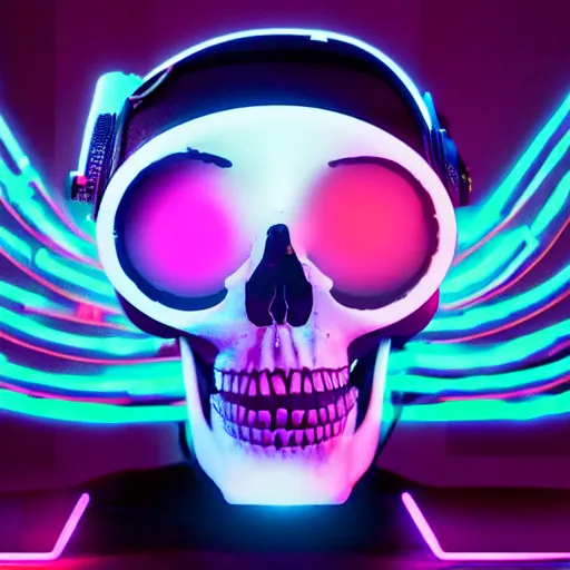 Image similar to a skull with a vr headset in a cyberpunk aesthetic, 4 k, with the word pixel written on the headset