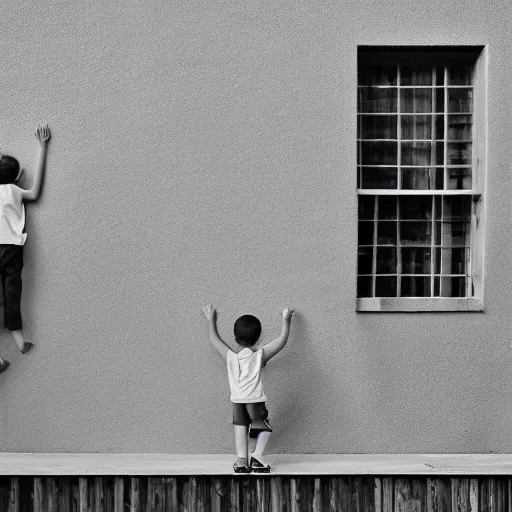 Prompt: Greyscale suburban world, minimalist style, a young boy hangs a shirt on a clothesline on the second floor window, while a young girl watches him from the sidewalk