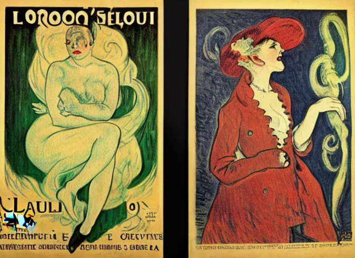 Prompt: promotional posters for Cthulu's debut show in Paris, 19th century, art noveau, fin de siecle, Toulouse Lautrec, absinthe