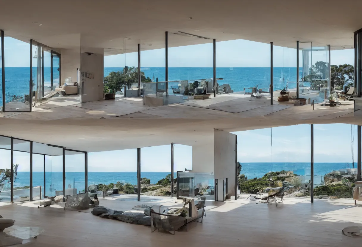 Image similar to Modern interior of a house with big windows, modern furniture at dawn, Located on a cliff view to the sea, detailed architecture coherent high detail