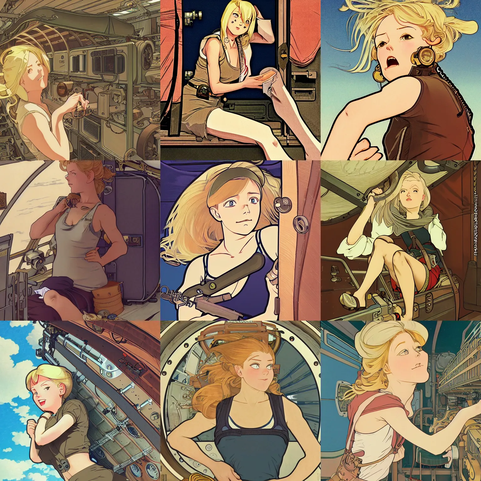 Prompt: Character portrait of a tank top-clad blonde female airship mechanic stretching and yawning in her cramped bunk, steampunk, defined facial features, highly detailed, illustration, Studio Ghibli film still, by Ilya Kuvshinov and Alphonse Mucha