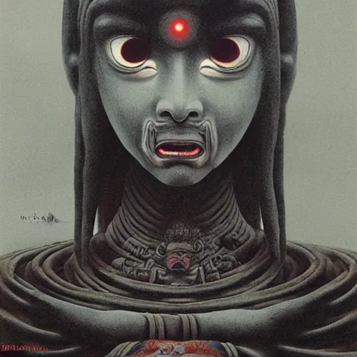 Prompt: naraka buddhist demon korean female, surrounded by black energy, dystopian surrealism, beksinski, symmetrical long head, smooth marble stone surfaces, deep aesthetic