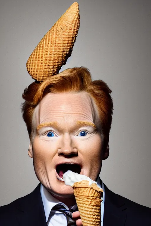 Image similar to 📷 conan o'brien the ice - cream cone 🍦, made of food, head portrait, dynamic lighting, 4 k