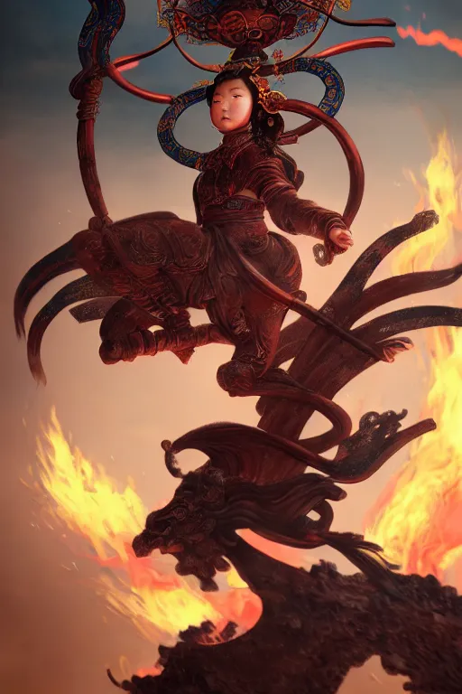 Image similar to nezha flies around swiftly on his wind flame circles in ruin chinese city, chinese mythology, sharp focus, cinematic, fantasy character portrait, highly detailed, by new gods : nezha reborn, nezha : birth of the demon child, trending on artstation, concept art, flame everywhere,