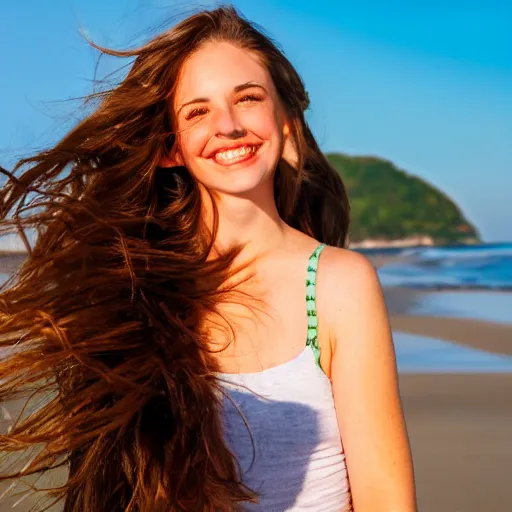 Image similar to A cute and beautiful young woman with long shiny bronze brown hair and green eyes, cute freckles, smug smile, golden hour, beach background, medium shot, mid-shot,