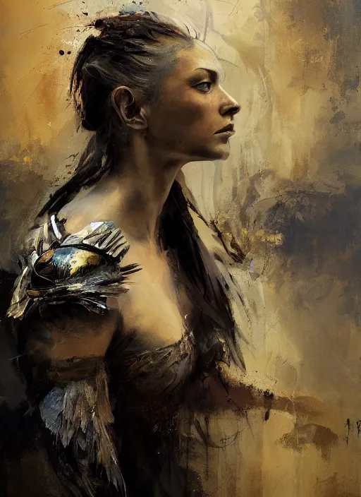 Prompt: painting of a beautiful woman with the face of an eagle, adorned with scant armor, with a feather in her hair, with a strong pose, by Jeremy Mann, stylized, detailed, loose brush strokes, warm tones, vivid colors, realistic