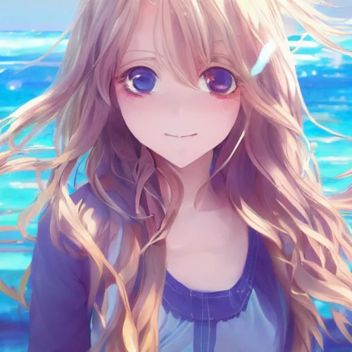 Image similar to a very beautiful anime girl, full body, long wavy blond hair, sky blue eyes, full round face, short smile, cute top, short jeans, summer lake setting, cinematic lightning, medium shot, mid-shot, highly detailed, trending on Artstation, Unreal Engine 4k, cinematic wallpaper by Stanley Artgerm Lau, WLOP, Rossdraws, James Jean, Andrei Riabovitchev, Marc Simonetti, and Sakimichan