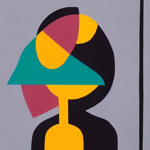 Prompt: A painting of person standing next to a window, abstract painting in the style of Sophie Taeuber-Arp and Gary Hume and Tatsuro Kiuchi, flat colour-block style, geometric abstraction, deep earthy colours