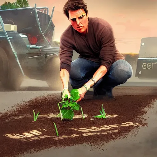 Image similar to tom cruise planting fries in the ground, digital art, highly - detailed, artstation cgsociety masterpiece