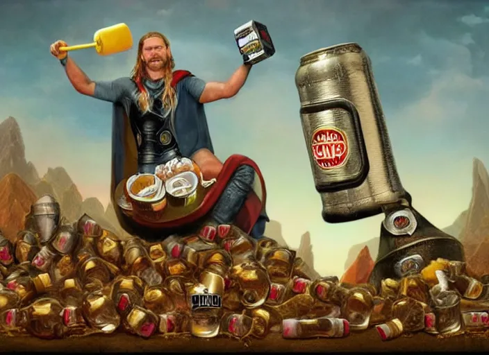 Image similar to thor inside a beer, lowbrow, matte painting, 3 - d highly detailed, in the style of mark ryden,