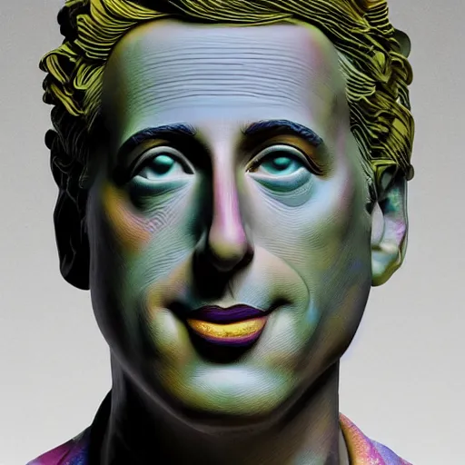 Image similar to hyperrealistic mixed media image of a statue of jerry seinfeld made entirely of multicolored dry noodles, stunning 3 d render inspired art by istvan sandorfi and greg rutkowski, perfect facial symmetry, realistic, highly detailed attributes and atmosphere, dim volumetric cinematic lighting, 8 k octane extremely hyper - detailed render, post - processing, masterpiece,