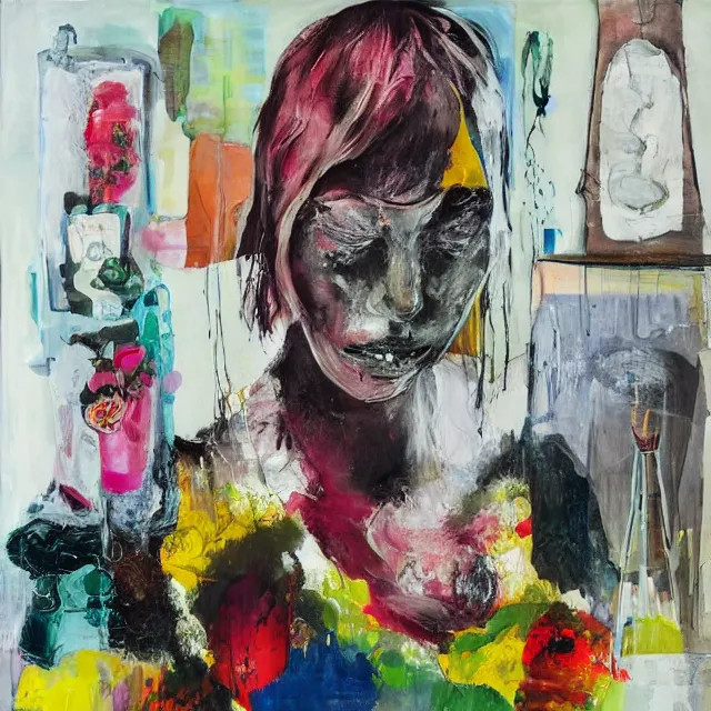 Prompt: “ a portrait in a queer female art student ’ s apartment, sensual, a diamond, skyscraper, vegetables, art supplies, paint tubes, palette knife, pigs, ikebana, herbs, a candle dripping white wax, squashed berries, berry juice drips, acrylic and spray paint and oilstick on canvas, surrealism, neoexpressionism ”