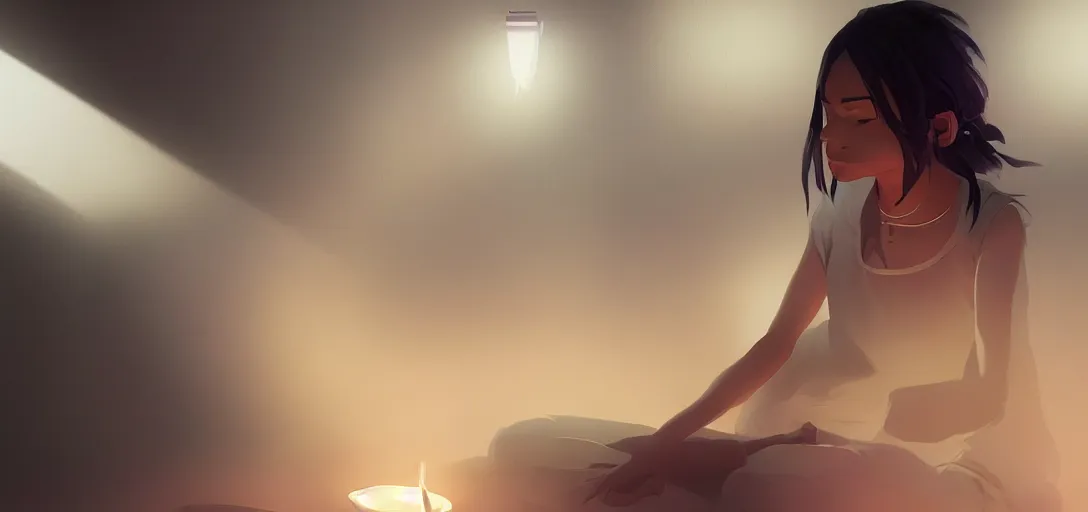 Image similar to Young Himalayan woman concerned in an empty room using psychic powers to make a lighter float| night time scene, plain walls |somber white eyes, long messy hair | gentle lighting, futuristic, dim lighting, digital art by Makoto Shinkai ilya kuvshinov and Wojtek Fus, digital art, concept art,