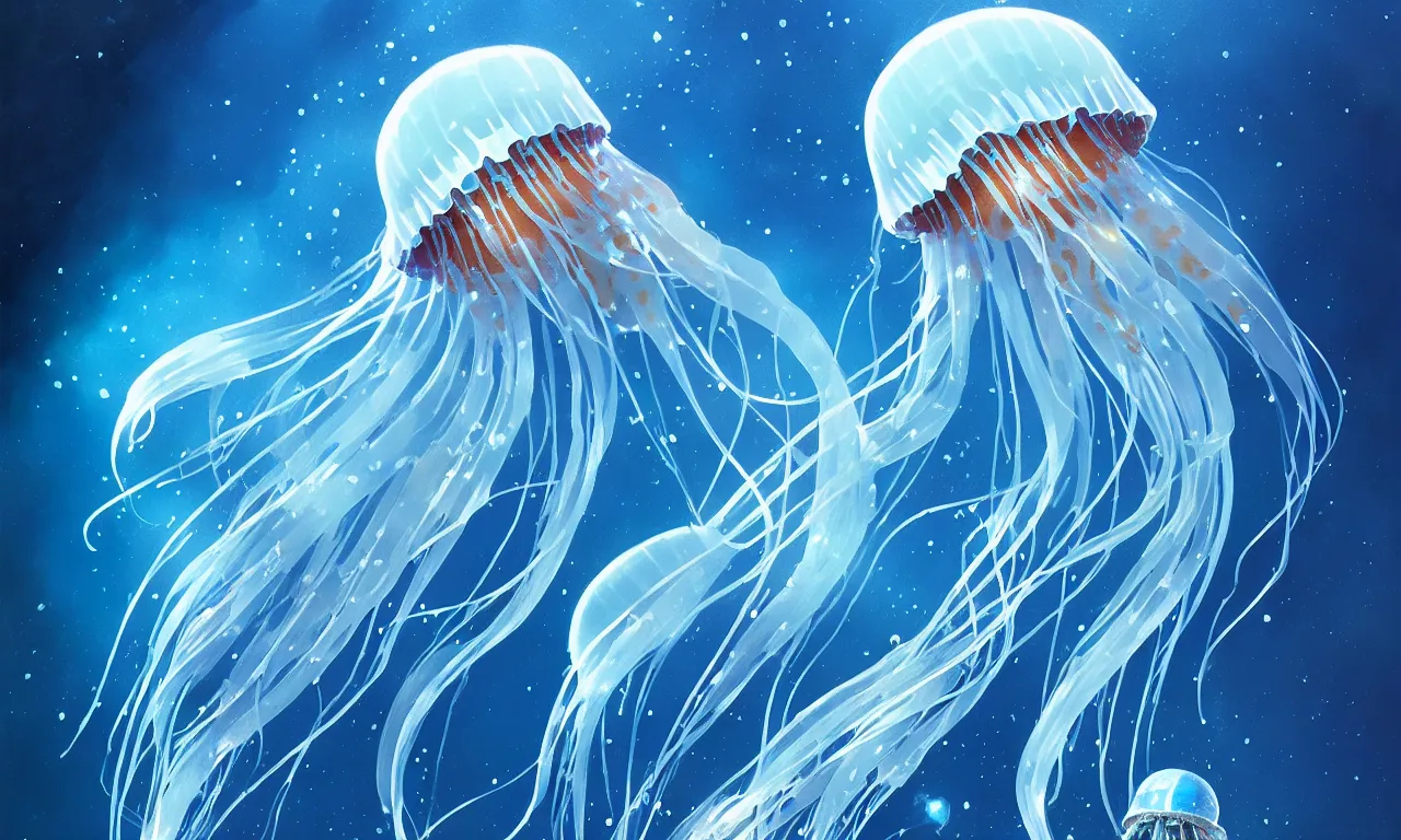 Prompt: Lonely detailed jellyfish in space, blue tones, underwater, full frame, highly detailed, digital painting, artstation, concept art, smooth, sharp focus, illustration, art greg rutkowski and alphonse mucha