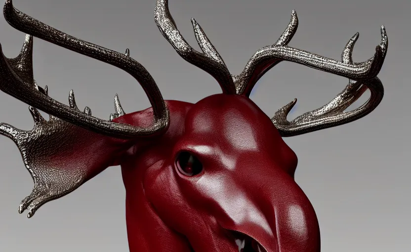 Image similar to stylized shiny polished silver statue bizarre cosmic horror quadruped animal moose deer skull four legs made of slug creature tendrils, perfect symmetrical body, perfect symmetrical face, hyper realistic, hyper detailed, by johannen voss, by michelangelo, octane render, blender, 8 k, displayed in pure white studio room anatomical deep red arteries veins spaghetti flesh