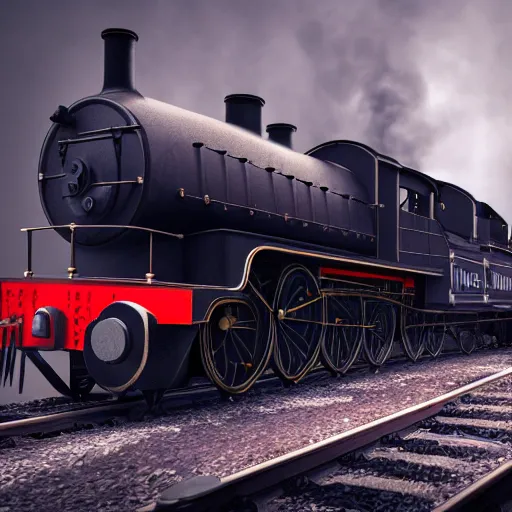 Image similar to a black steam locomotive pulling a train into a Victorian era crowded train station, slight fog, highly detailed, octane render, unreal engine 5