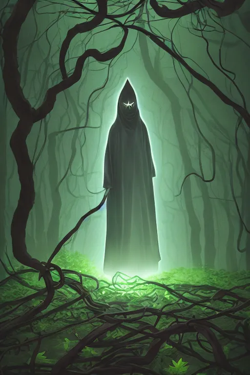 Prompt: A full body portrait of a mysterious character in a forest with no face, glowing eyes and a very long hooded dark green cloak, vines coming out the ground art by Shaddy Safadi and Jason Chan, ominous, cosmic horror, trending on artstation, Ultra detailed, hyper realistic 4k