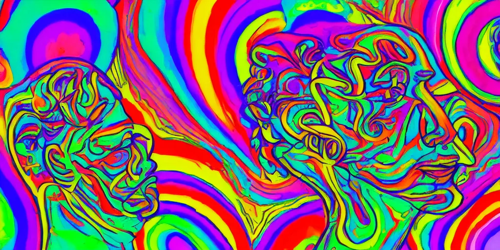 Prompt: a painting of a human head with a rainbow in the background, a pop art painting by Lisa Frank, shutterstock contest winner, psychedelic art, psychedelic, colorful, vivid colors