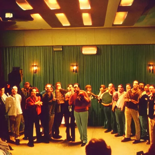 Image similar to retro color photograph of a late night standup comedy show, Kodak film photo