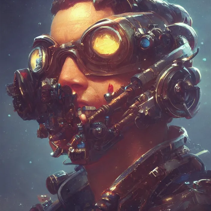 Image similar to a head and shoulders portrait of a space pirate, neon, retro, steampunk, smooth, sharp focus, intricate, artstation, detailed concept art by Greg Rutkowski and Norman Rockwell and Sky Sewa