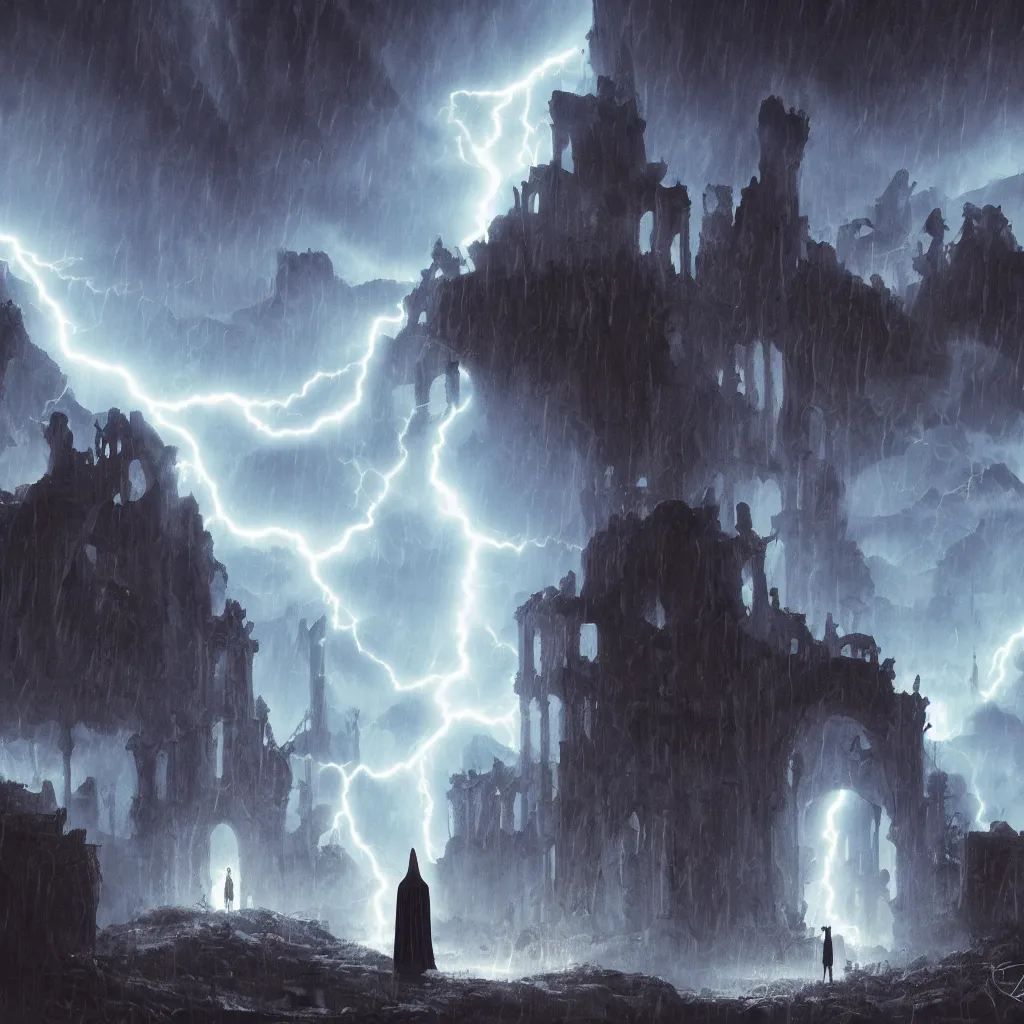 Image similar to a still of a cloaked figure standing in the ruins of crux prime, monastery, there is lightning, blue fiery maelstrom in the distance, it is raining, digital art, artstationhq