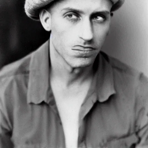 Prompt: color photograph of a 40 year old white Jewish Israeli skinny man with short, curly, blond hair and very small blue eyes, dressed in a white t shirt, gray shorts and a beret, with a small mole to the right of his very thin lips, with a straight nose and blond stubble, and an earring in the left ear