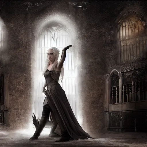 Image similar to digital matte painting of daenerys targaryen dancing alone in a dark gothic style ballroom, detailed face dark dramatic mysterious style of luis royo, 8 0 mm camera, high detail, hd 8 k