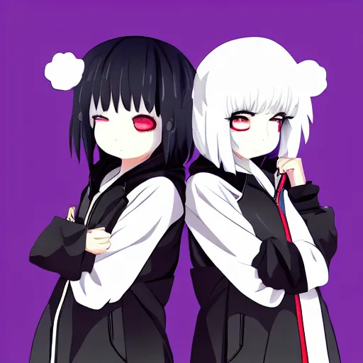 Image similar to two girls, a girl with short white hair and polar bear ears wearing an open black coat, another girl with long black hair wearinga purple hoodie with red eyes, anime key visual art, anime artystyle