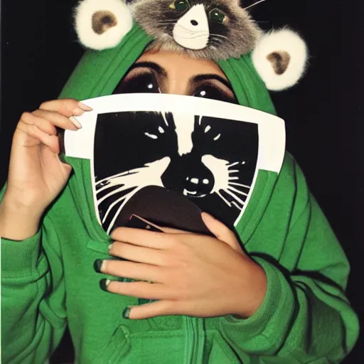 Image similar to medium shot, photo of a girl in a detailed hyperrealistic raccoon mask, wearing a green hoodie, holding a vinyl record, 8 0 - s fashion, polaroid photo, by warhol,