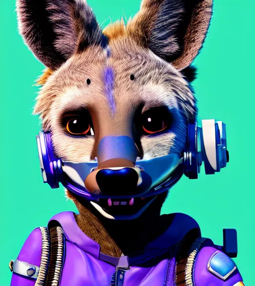 Image similar to digital detailed portrait of anthromorphic female hyena, in style of zootopia, fursona, furry, furaffinity, 4 k, deviantart, wearing astronaut outfit, in style of disney zootopia, floating in space, space background, in deep space, dark background, hyena fursona, cyberpunk, female, detailed face, style of artgerm,