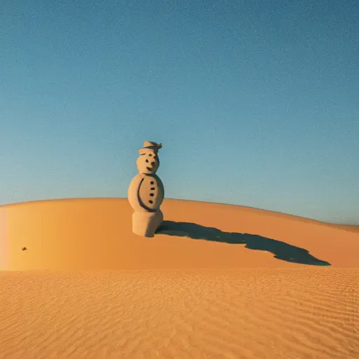 Image similar to a snowman is lost in the desert at sunset, he’s next to a sandman made of sand, beautiful photography, 8k, ambient light